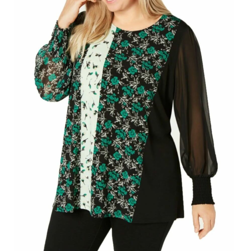 Alfani Women's 2X Blouse Tunic‎ Top Black with Green Floral Panels Scoop Neck